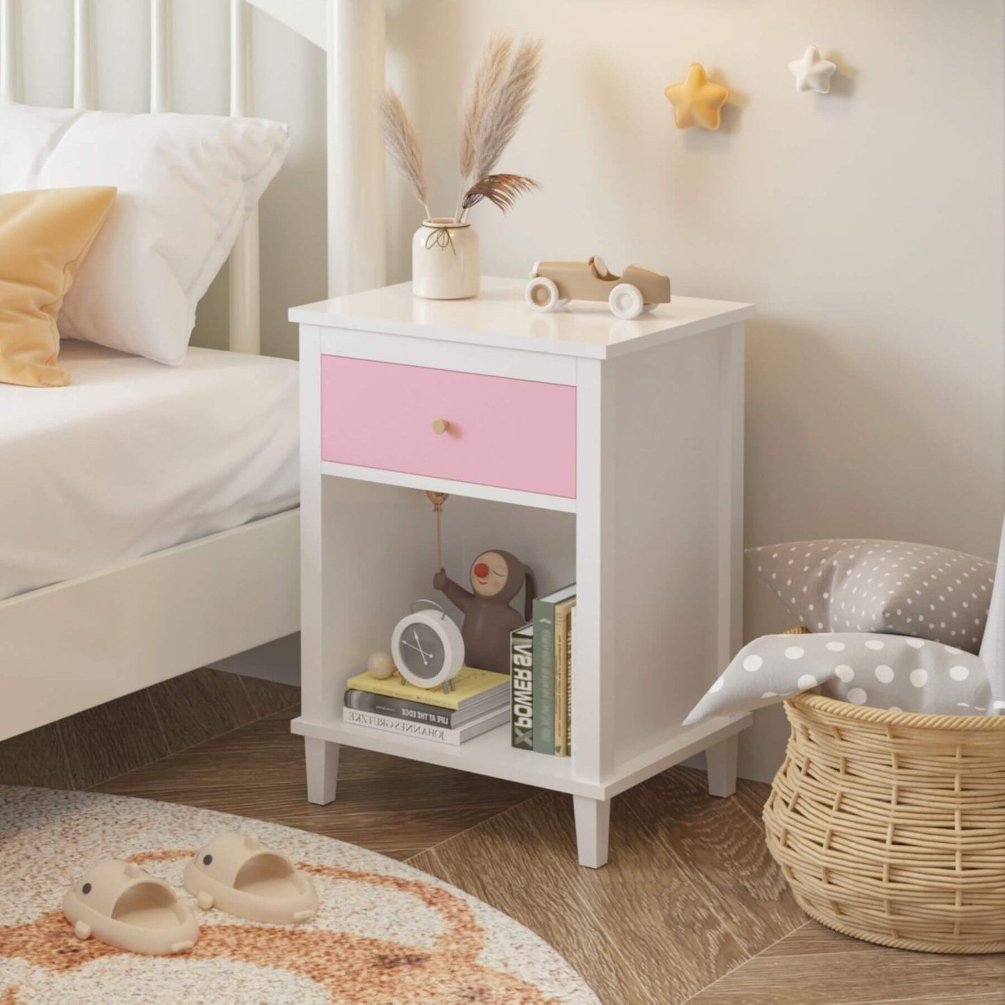 MOONRIVER Golden Handle Wooden Nightstand - Pink in a bedroom setting