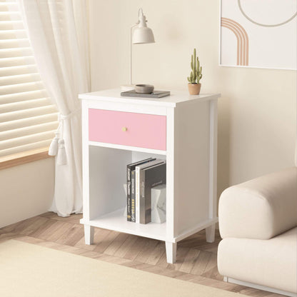 MOONRIVER Golden Handle Wooden Nightstand - Pink in a room with a couch and lamp.