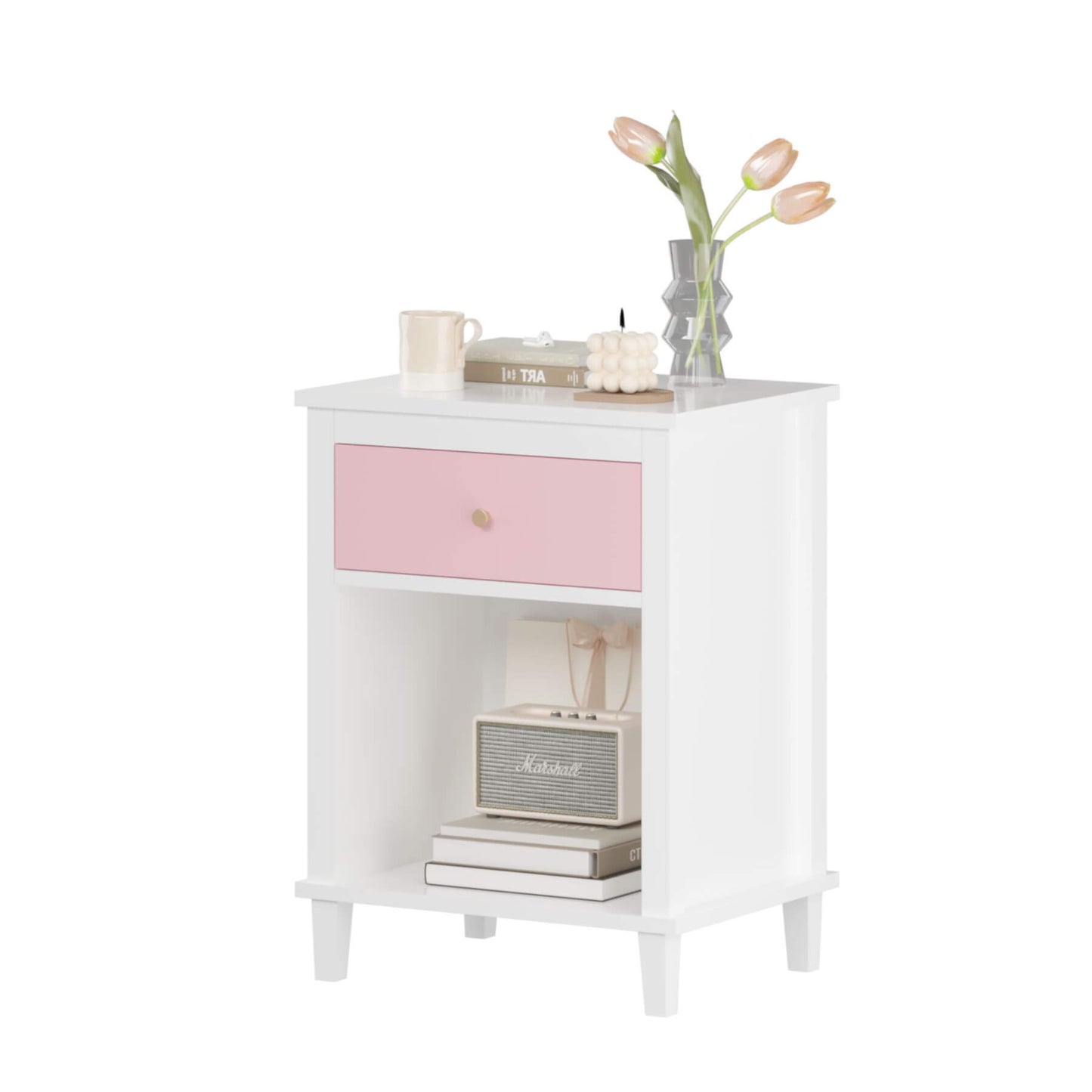 MOONRIVER Golden Handle Wooden Nightstand - Pink and decorative items on a white background