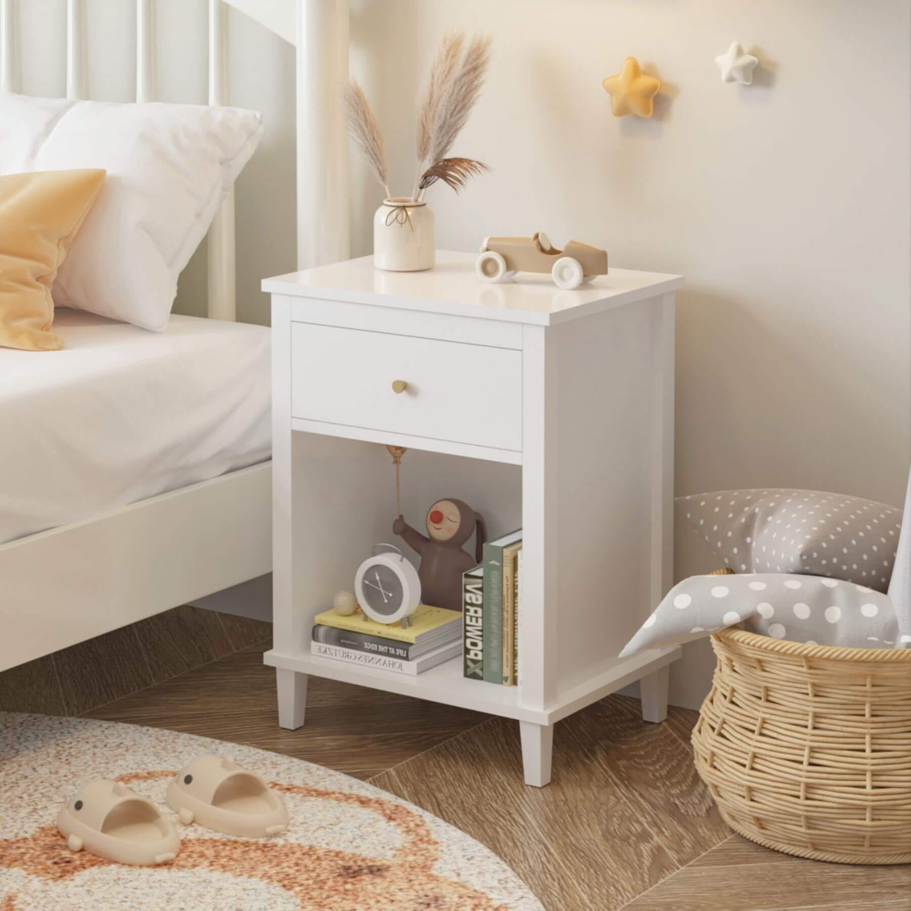 MOONRIVER Golden Handle Wooden Nightstand - White with books, a clock, and toys in a bedroom setting.