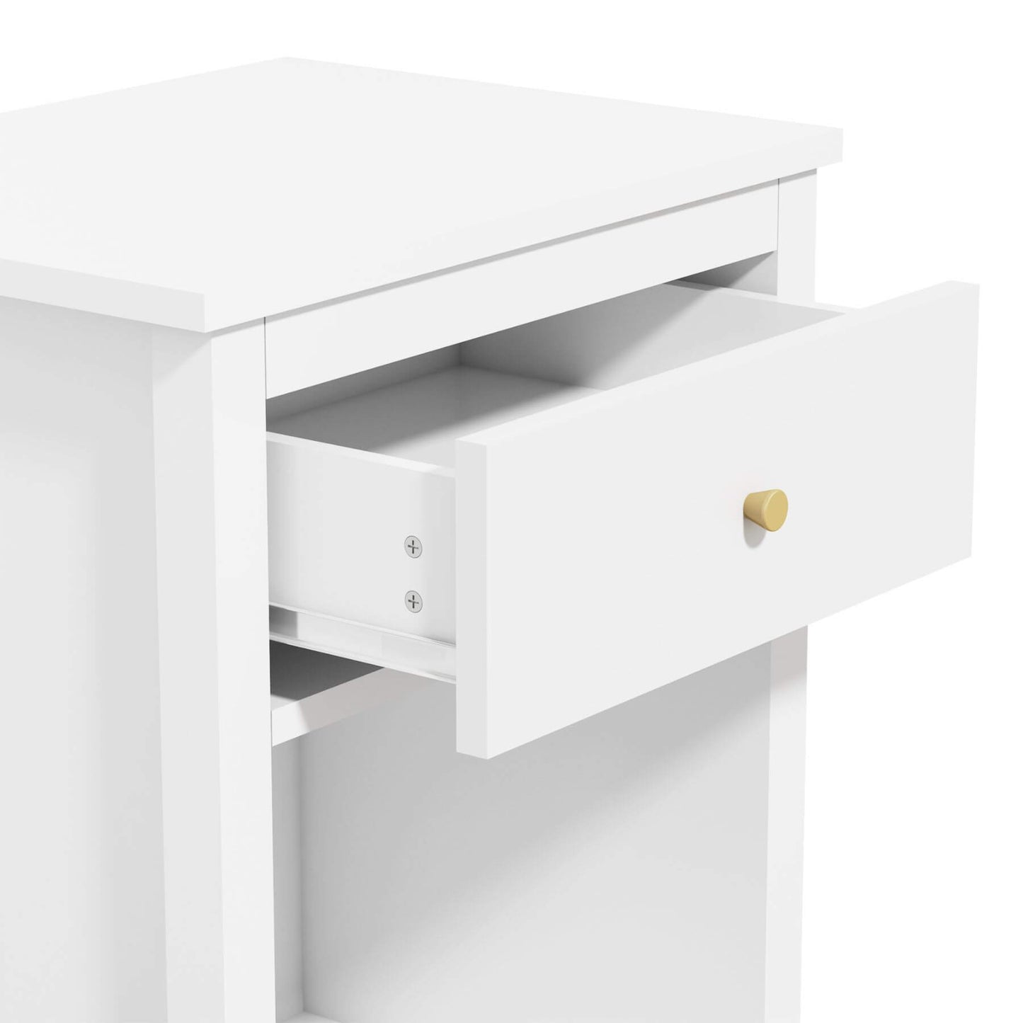White nightstand with a drawer open on a white background