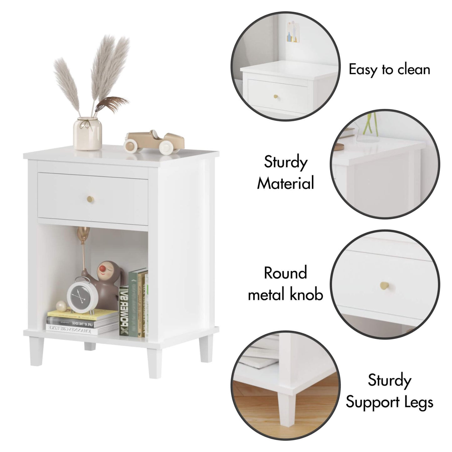 MOONRIVER Golden Handle Wooden Nightstand - White with decorative items and close-up details on a white background