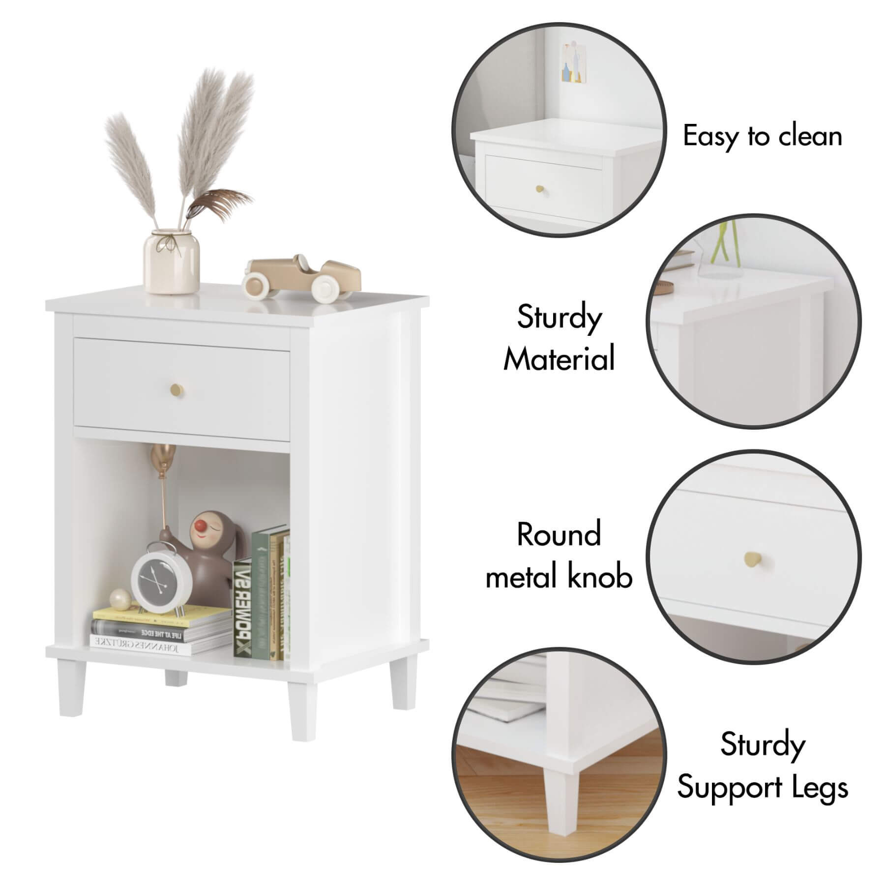 MOONRIVER Golden Handle Wooden Nightstand - White with decorative items and close-up details on a white background