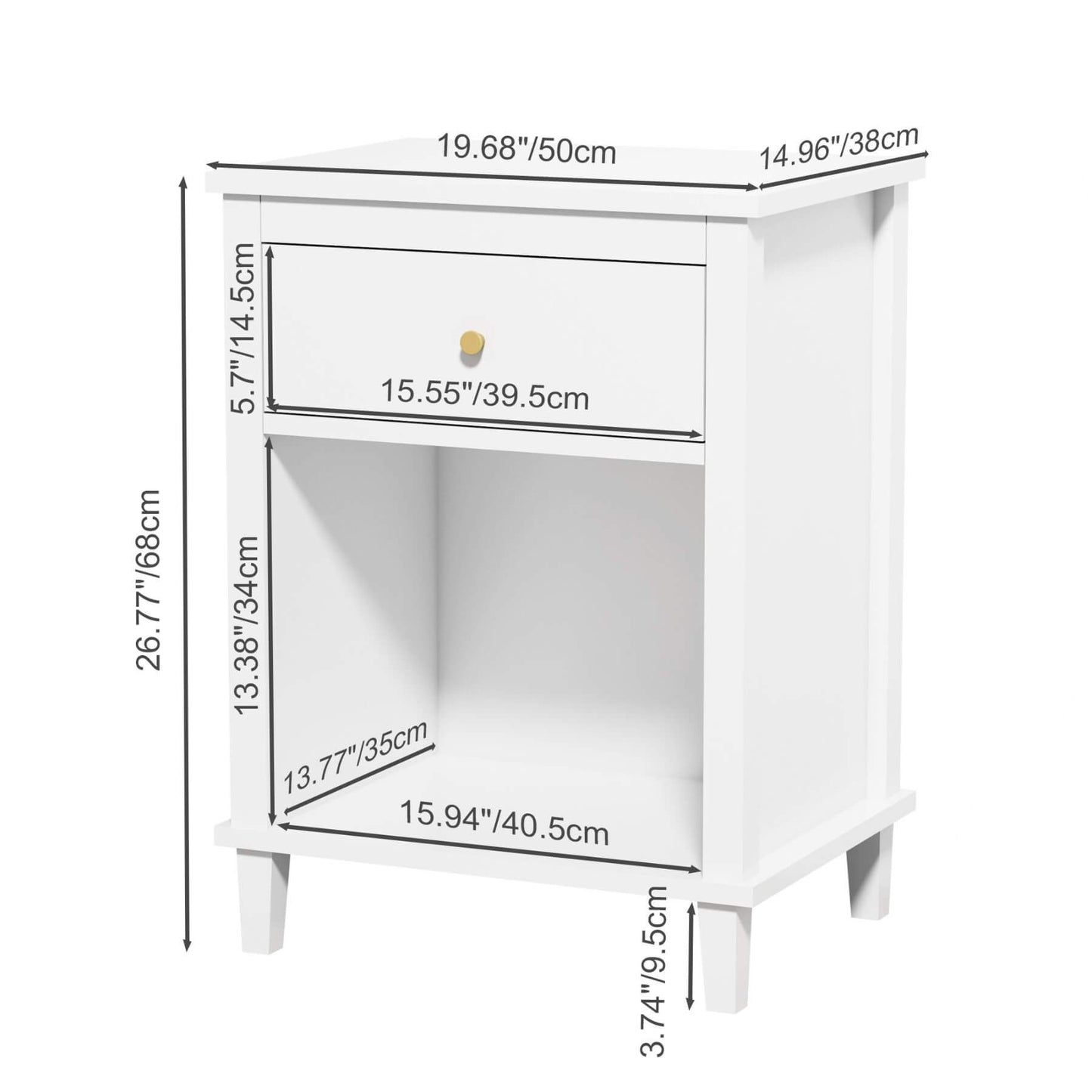 MOONRIVER Golden Handle Wooden Nightstand - White with dimensions labeled on a white background