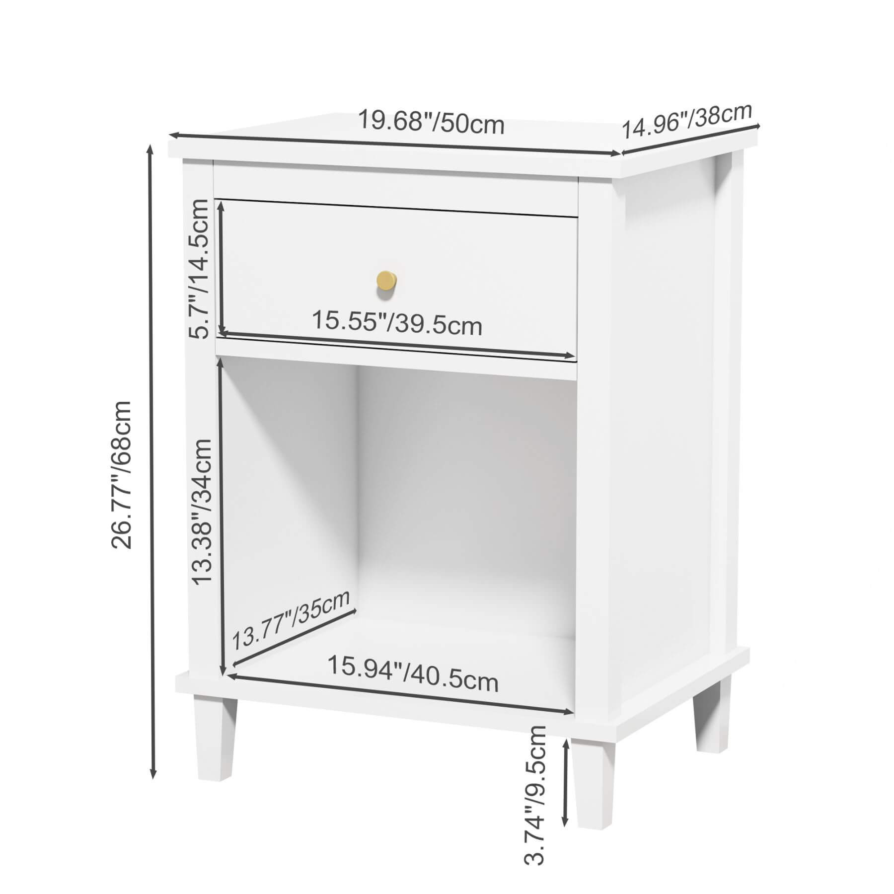 MOONRIVER Golden Handle Wooden Nightstand - White with dimensions labeled on a white background