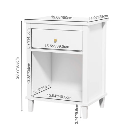 MOONRIVER Golden Handle Wooden Nightstand - White with dimensions labeled on a white background