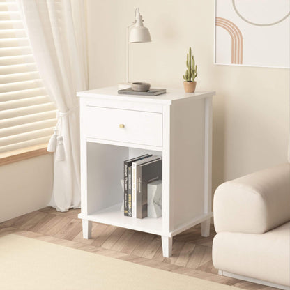 MOONRIVER Golden Handle Wooden Nightstand - White with books and a plant in a room with a couch and lamp.