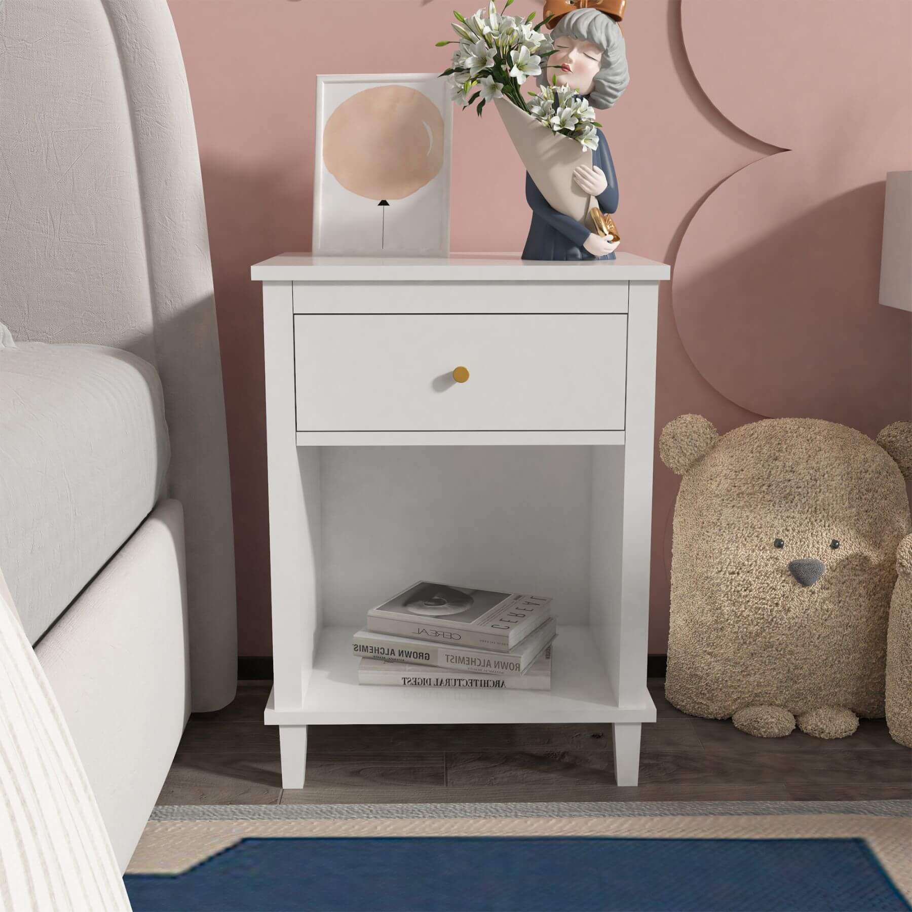 MOONRIVER Golden Handle Wooden Nightstand - White against a pink wall with decorative items.