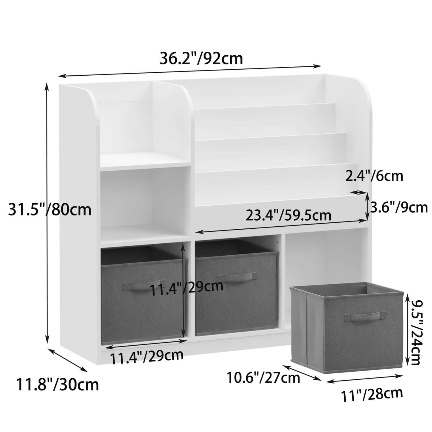 MOONRIVER Kids Bookcase with 3 Collapsible Fabric Drawers - White/Gray and dimensions labeled
