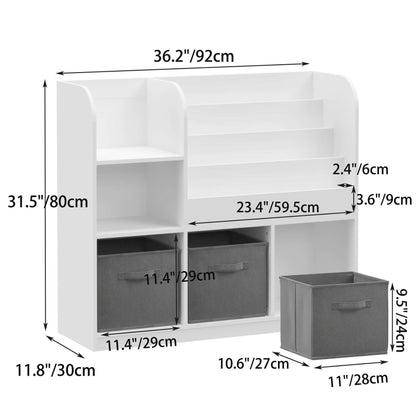 MOONRIVER Kids Bookcase with 3 Collapsible Fabric Drawers - White/Gray and dimensions labeled
