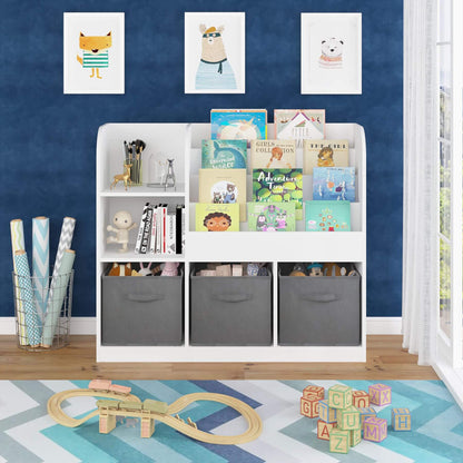 MOONRIVER Kids Bookcase with 3 Collapsible Fabric Drawers - White/Gray with books and toys against a blue wall