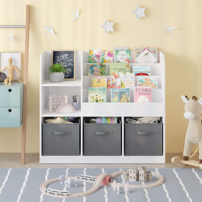 Children's room with MOONRIVER Kids Bookcase with 3 Collapsible Fabric Drawers - White/Gray, books, and toys on a yellow wall.