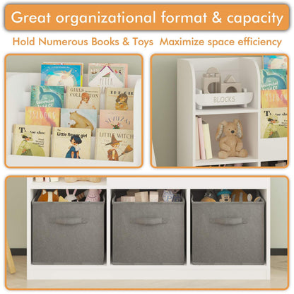 Storage solution with books, toys, and bins for organizational capacity.