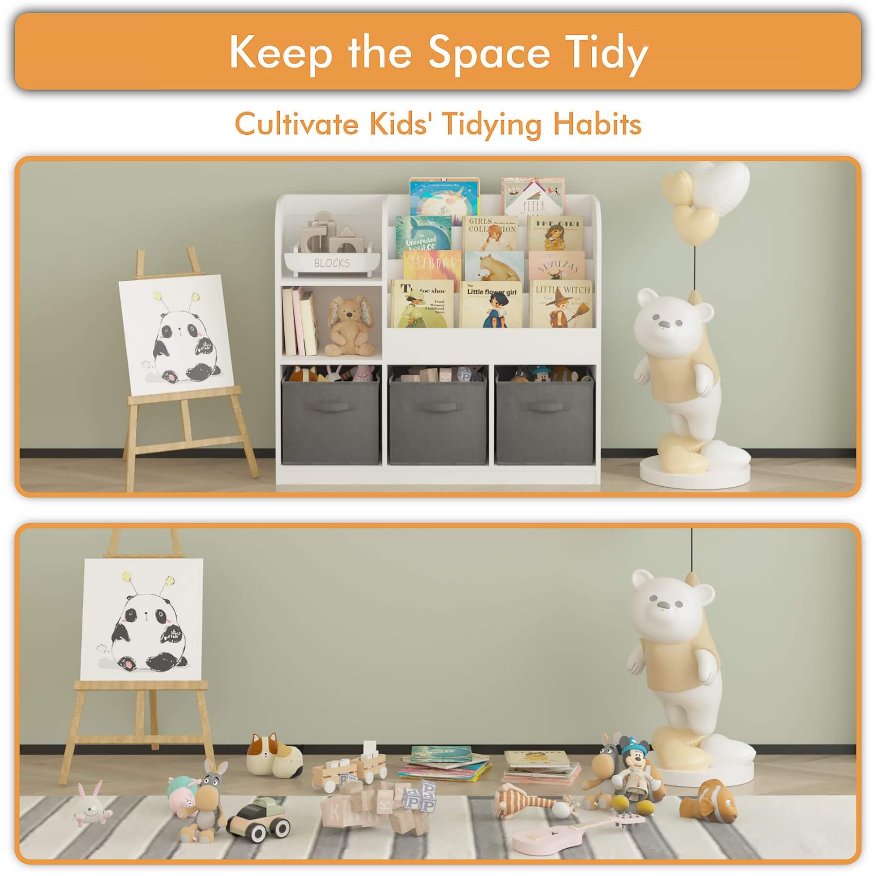 Children's room with MOONRIVER Kids Bookcase with 3 Collapsible Fabric Drawers - White/Gray, books, and toys, emphasizing tidying habits.