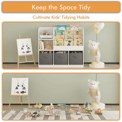 Children's room with MOONRIVER Kids Bookcase with 3 Collapsible Fabric Drawers - White/Gray, books, and toys, emphasizing tidying habits.