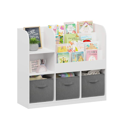 MOONRIVER Kids Bookcase with 3 Collapsible Fabric Drawers - White/Gray with books and storage bins on a white background