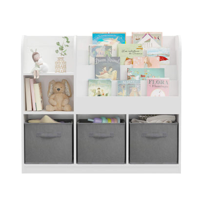 MOONRIVER Kids Bookcase with 3 Collapsible Fabric Drawers - White/Gray with books, toys, and storage bins on a white background