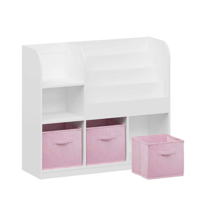 MOONRIVER Kids Bookcase with 3 Collapsible Fabric Drawers - White/Pink