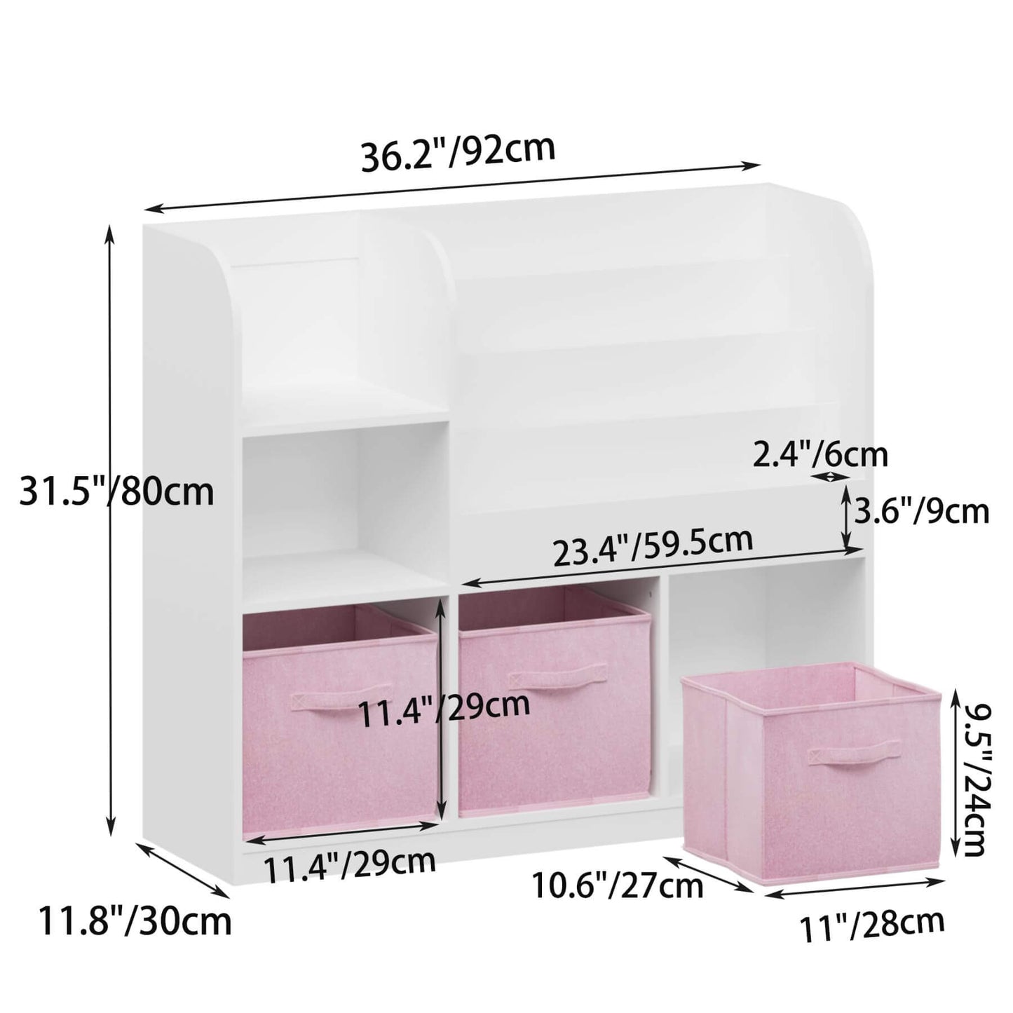 MOONRIVER Kids Bookcase with 3 Collapsible Fabric Drawers - White/Pink and measurements on a white background