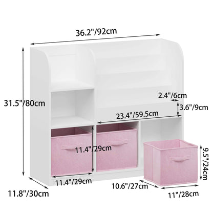 MOONRIVER Kids Bookcase with 3 Collapsible Fabric Drawers - White/Pink and measurements on a white background