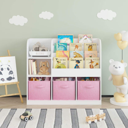 MOONRIVER Kids Bookcase with 3 Collapsible Fabric Drawers - White/Pink with books and toys against a light green wall.