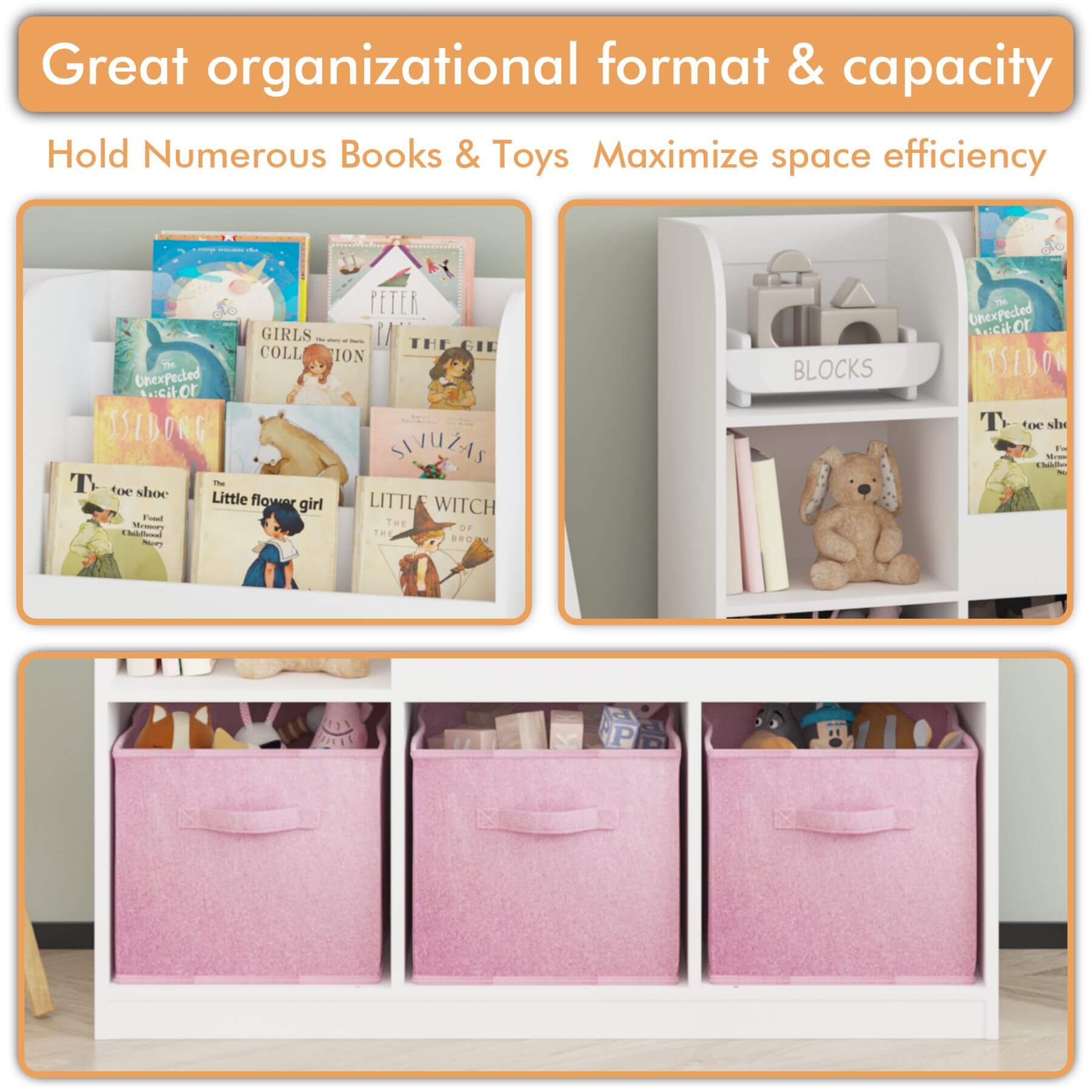 Storage solution with books, toys, and pink bins for organizational capacity.