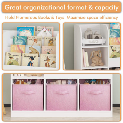 Storage solution with books, toys, and pink bins for organizational capacity.
