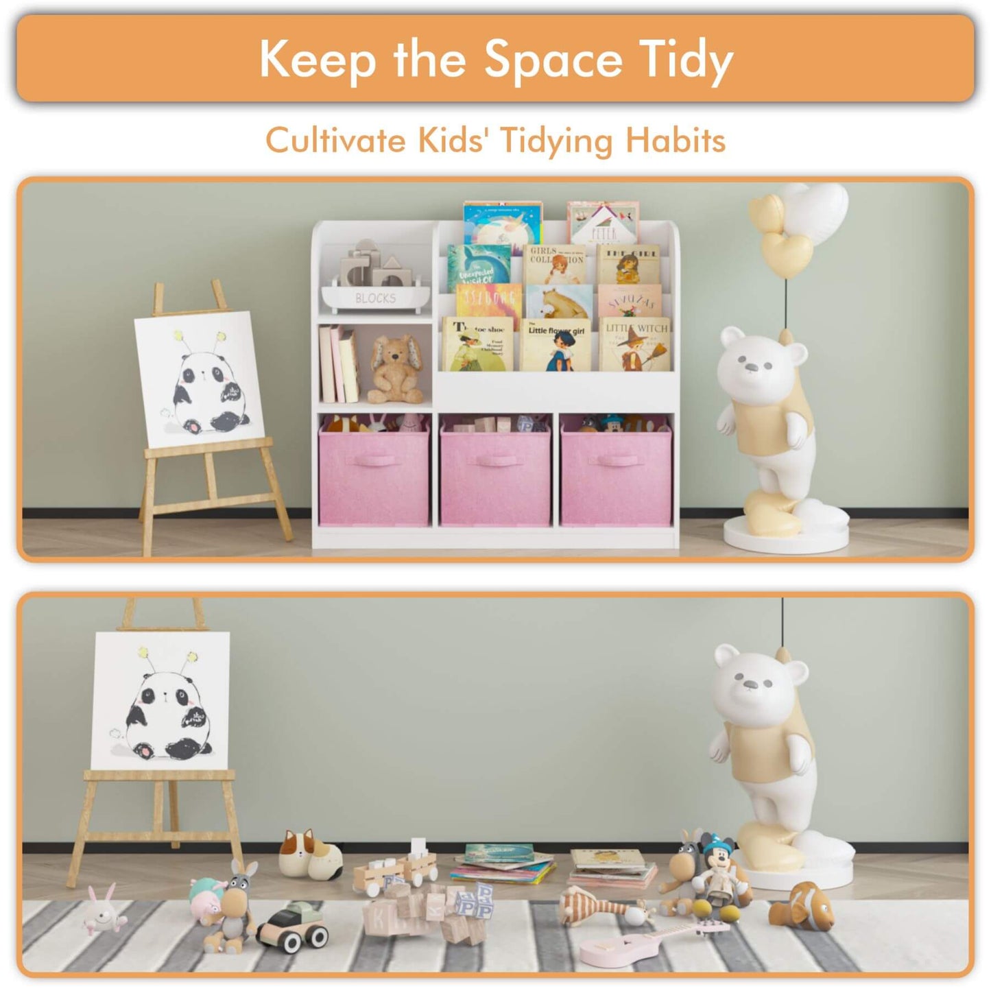 Children's room with MOONRIVER Kids Bookcase with 3 Collapsible Fabric Drawers - White/Pink, books, and toys, emphasizing tidying habits.