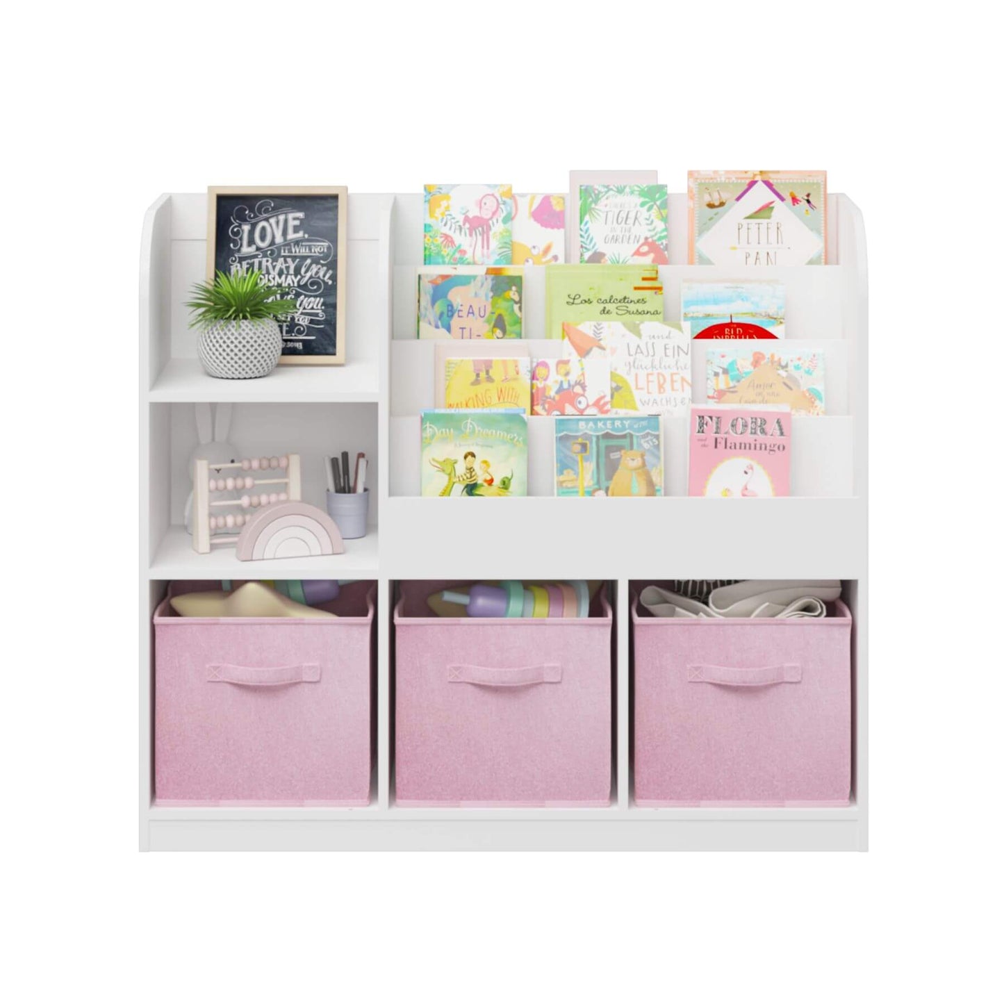 MOONRIVER Kids Bookcase with 3 Collapsible Fabric Drawers - White/Pink with books, a plant, and pink storage bins on a white background