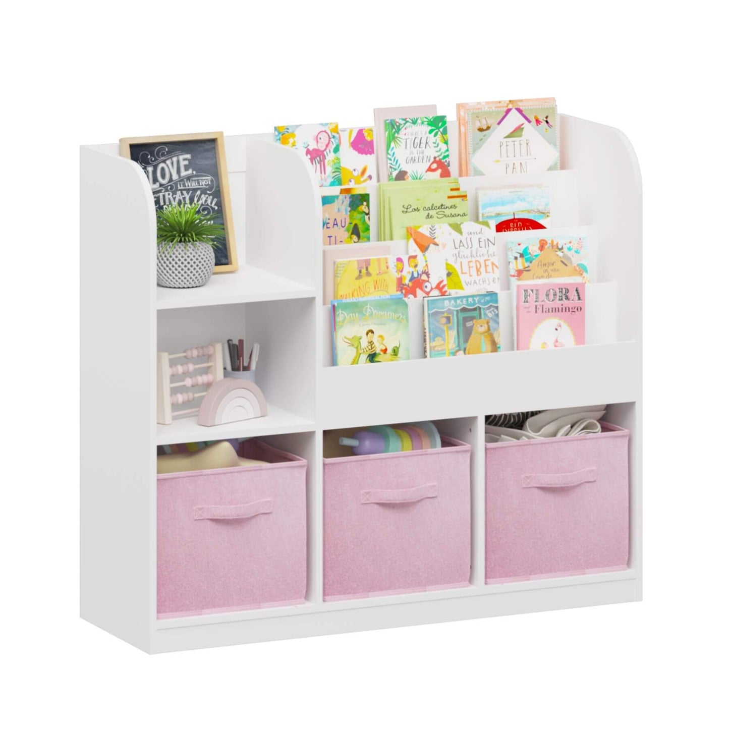 MOONRIVER Kids Bookcase with 3 Collapsible Fabric Drawers - White/Pink and children's books on a white background