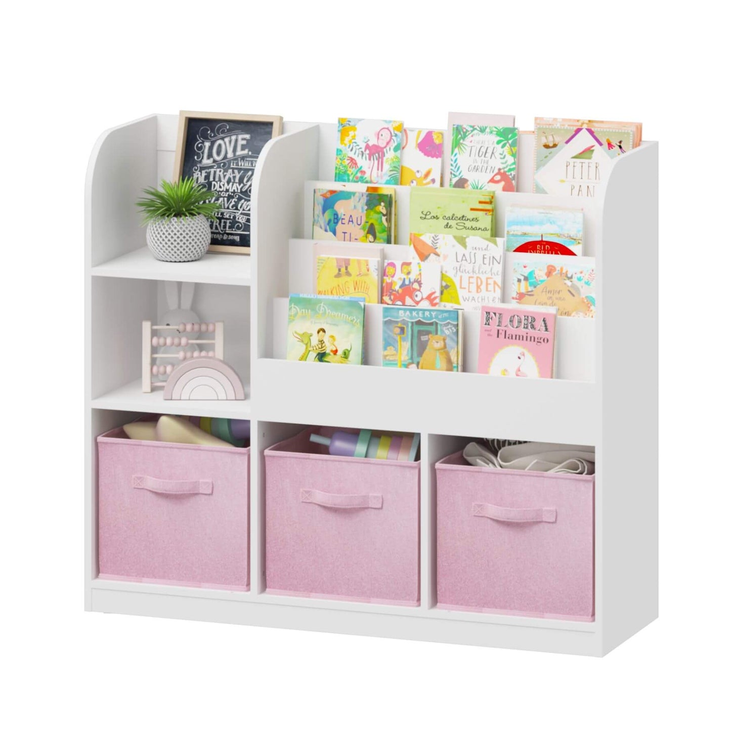 MOONRIVER Kids Bookcase with 3 Collapsible Fabric Drawers - White/Pink