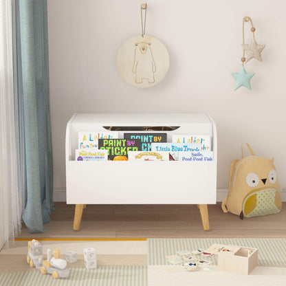 MOONRIVER Wooden Toy Box - White with colorful labels in a child's room