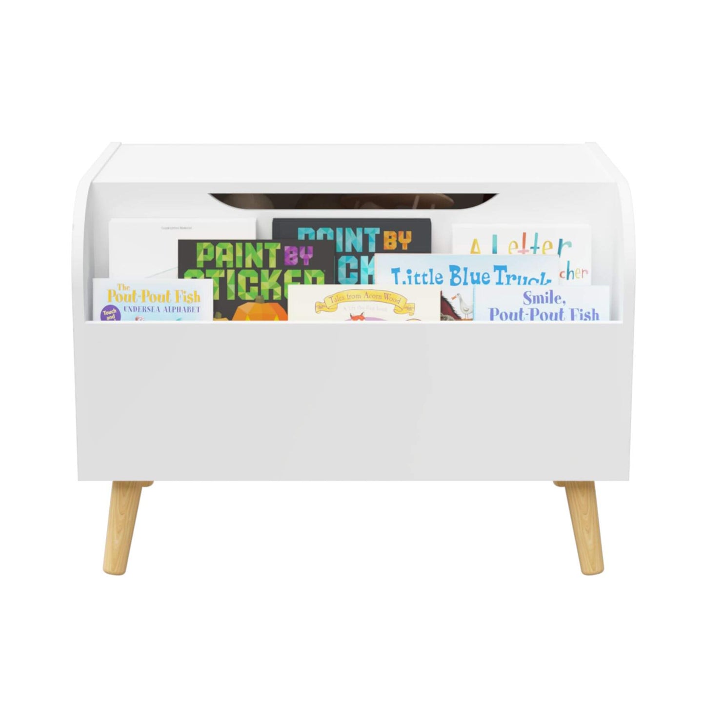 MOONRIVER Wooden Toy Box - White with colorful books on a white background