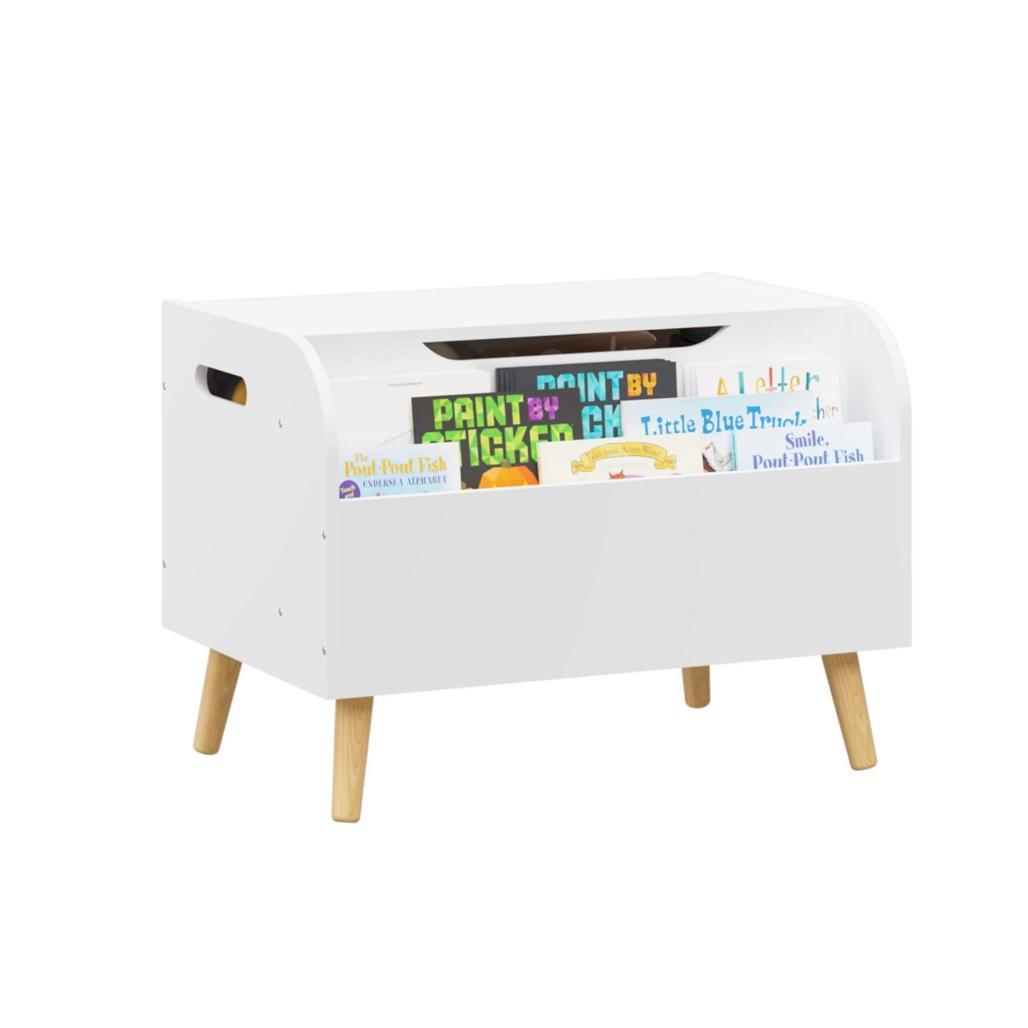MOONRIVER Wooden Toy Box - White with colorful labels on a white background