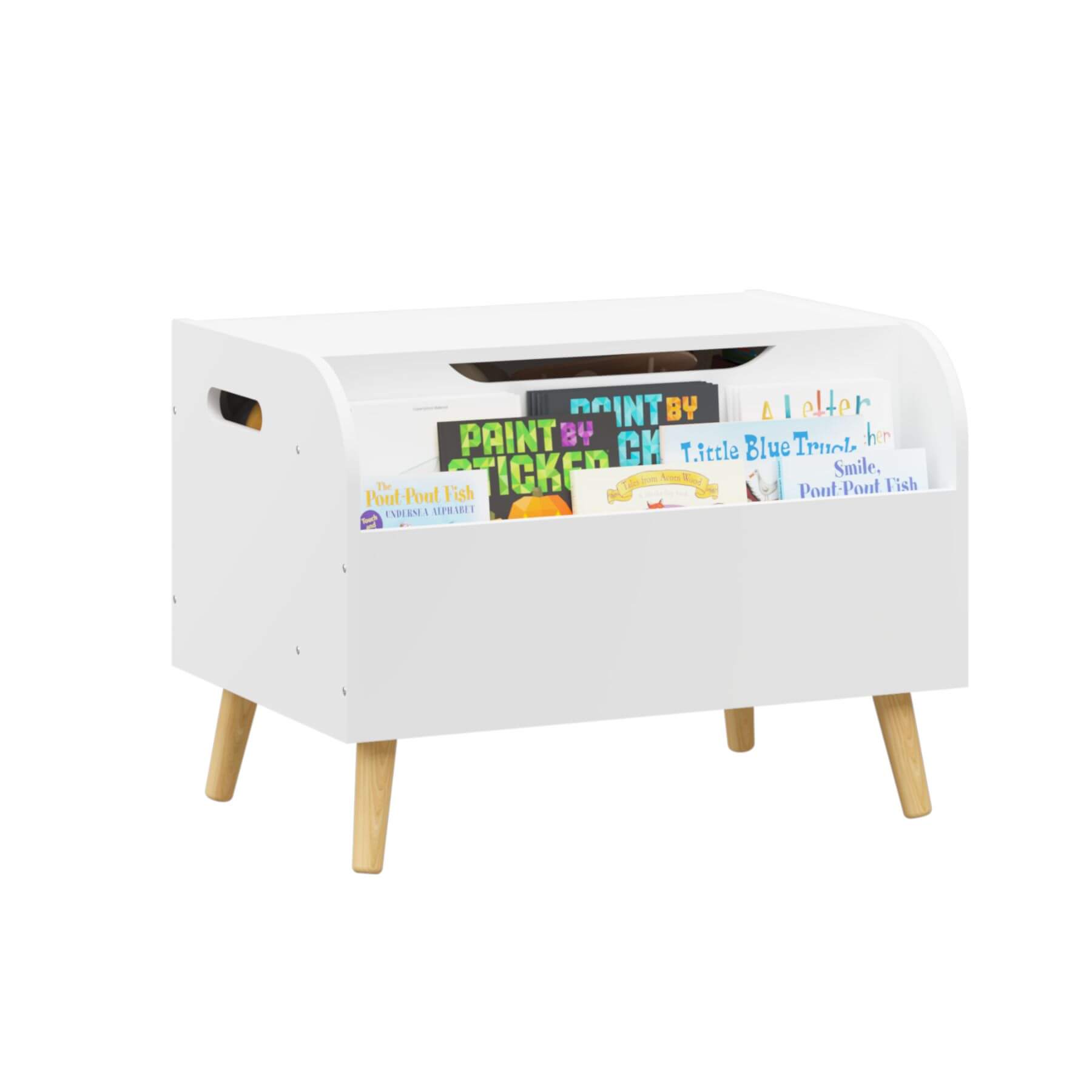 MOONRIVER Wooden Toy Box - White with colorful labels on a white background