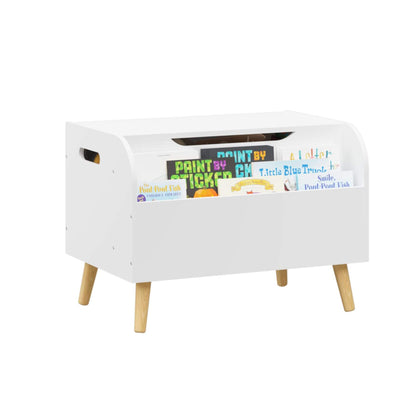MOONRIVER Wooden Toy Box - White with colorful labels on a white background