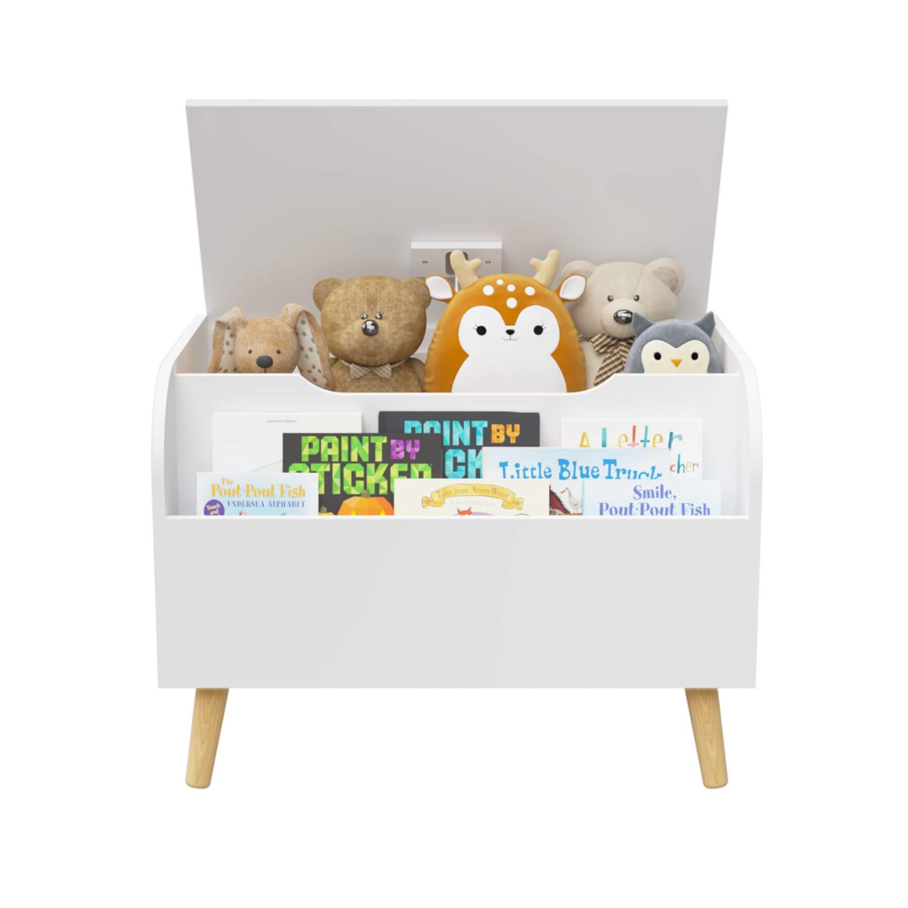 MOONRIVER Wooden Toy Box - White with stuffed animals and books on a white background
