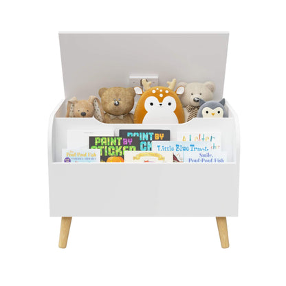 MOONRIVER Wooden Toy Box - White with stuffed animals and books on a white background