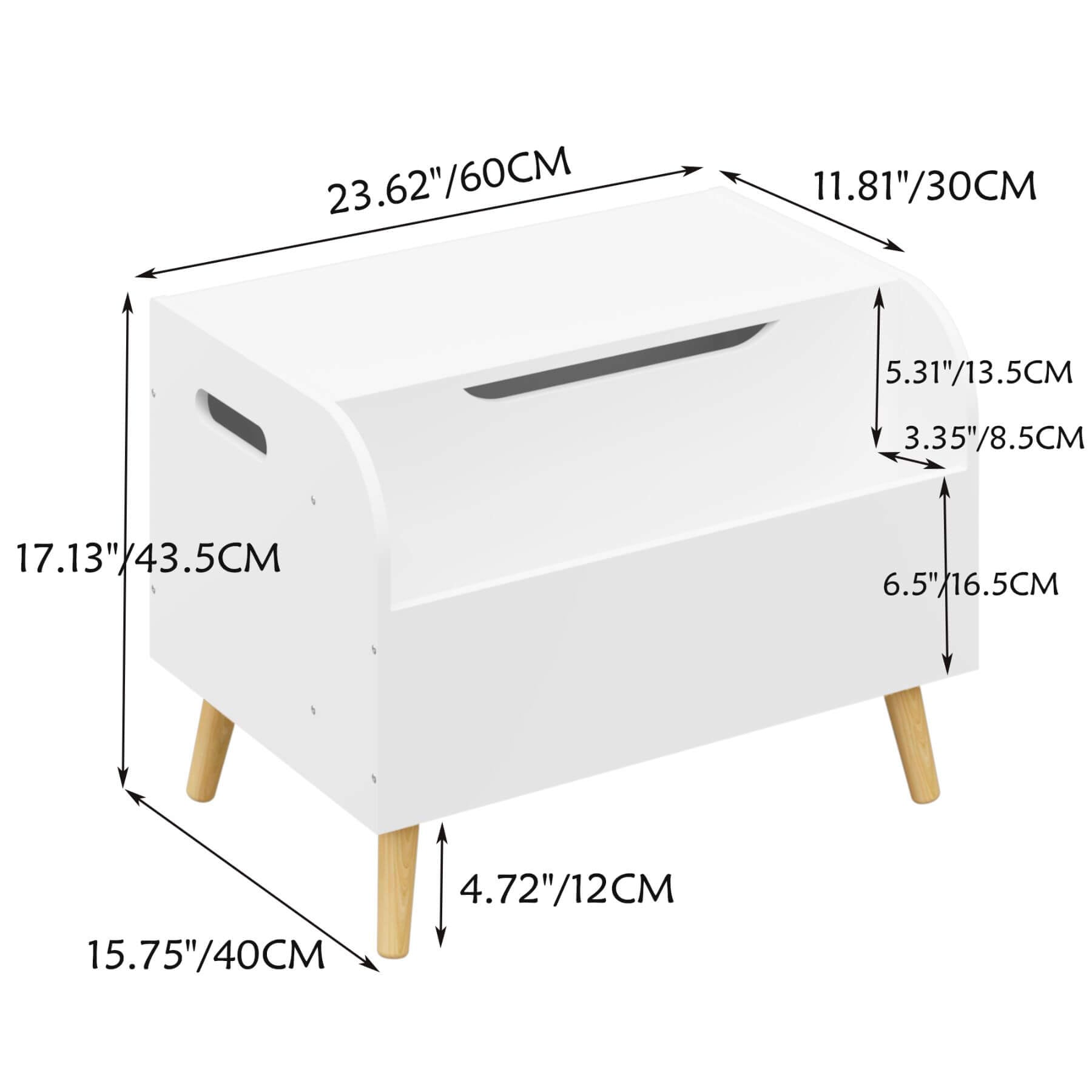 MOONRIVER Wooden Toy Box - White with dimensions labeled on a white background