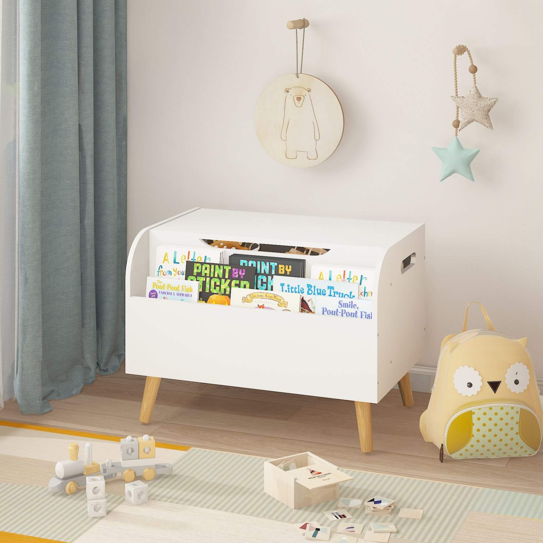 Children's room with MOONRIVER Wooden Toy Box - White, toys, and decorative items.