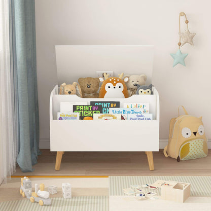 White toy storage unit with books and plush toys in a child's room.