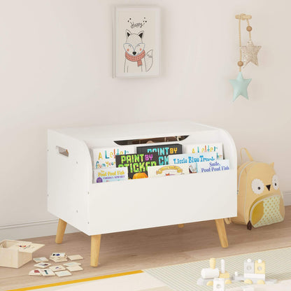 White toy storage box with books and toys in a child's room