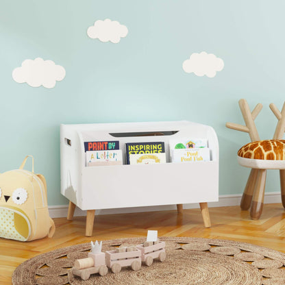 Children's room with MOONRIVER Wooden Toy Box - White, books, and toys against a light blue wall with cloud decorations.