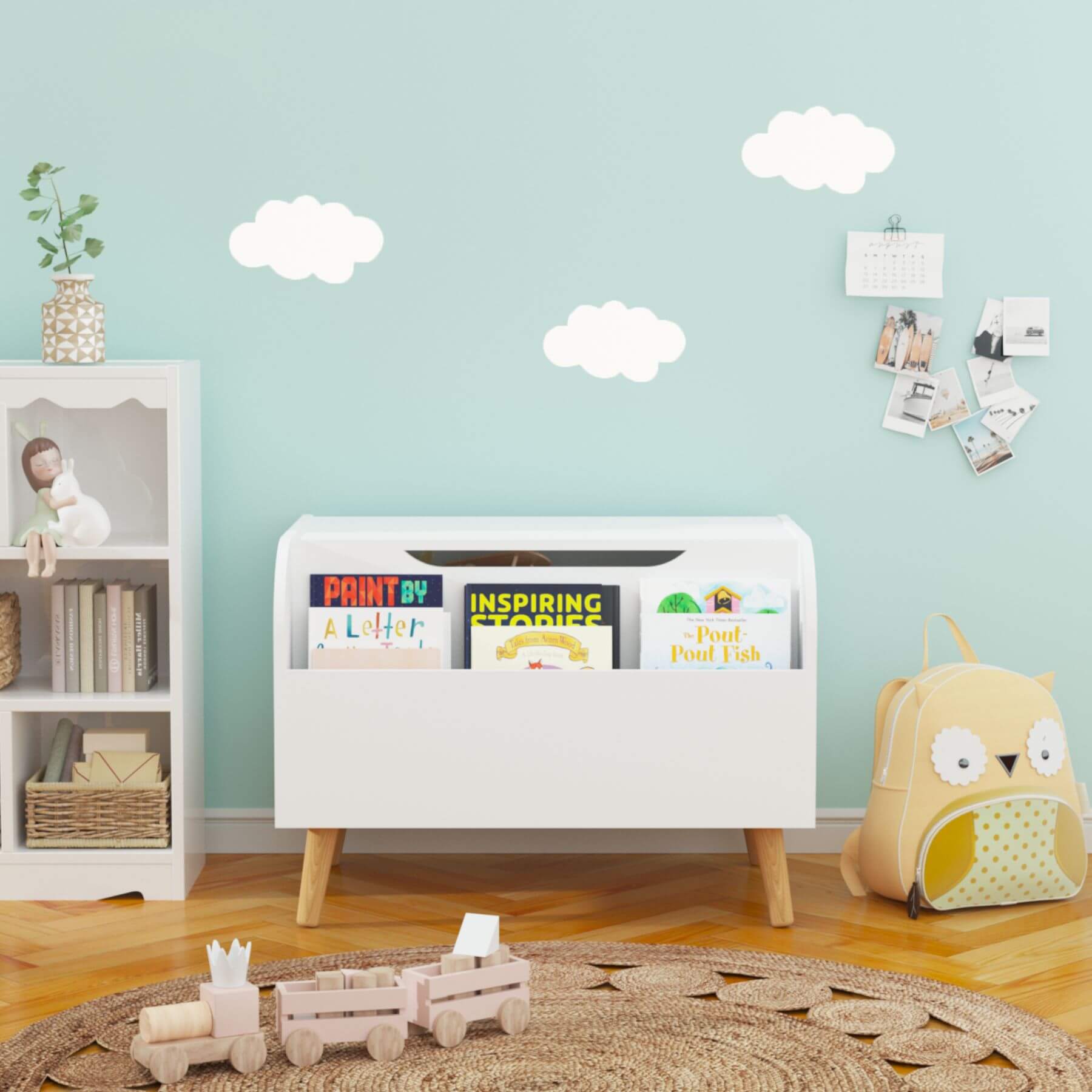 Children's room with MOONRIVER Wooden Toy Box - White, toy storage unit, and decorative elements.