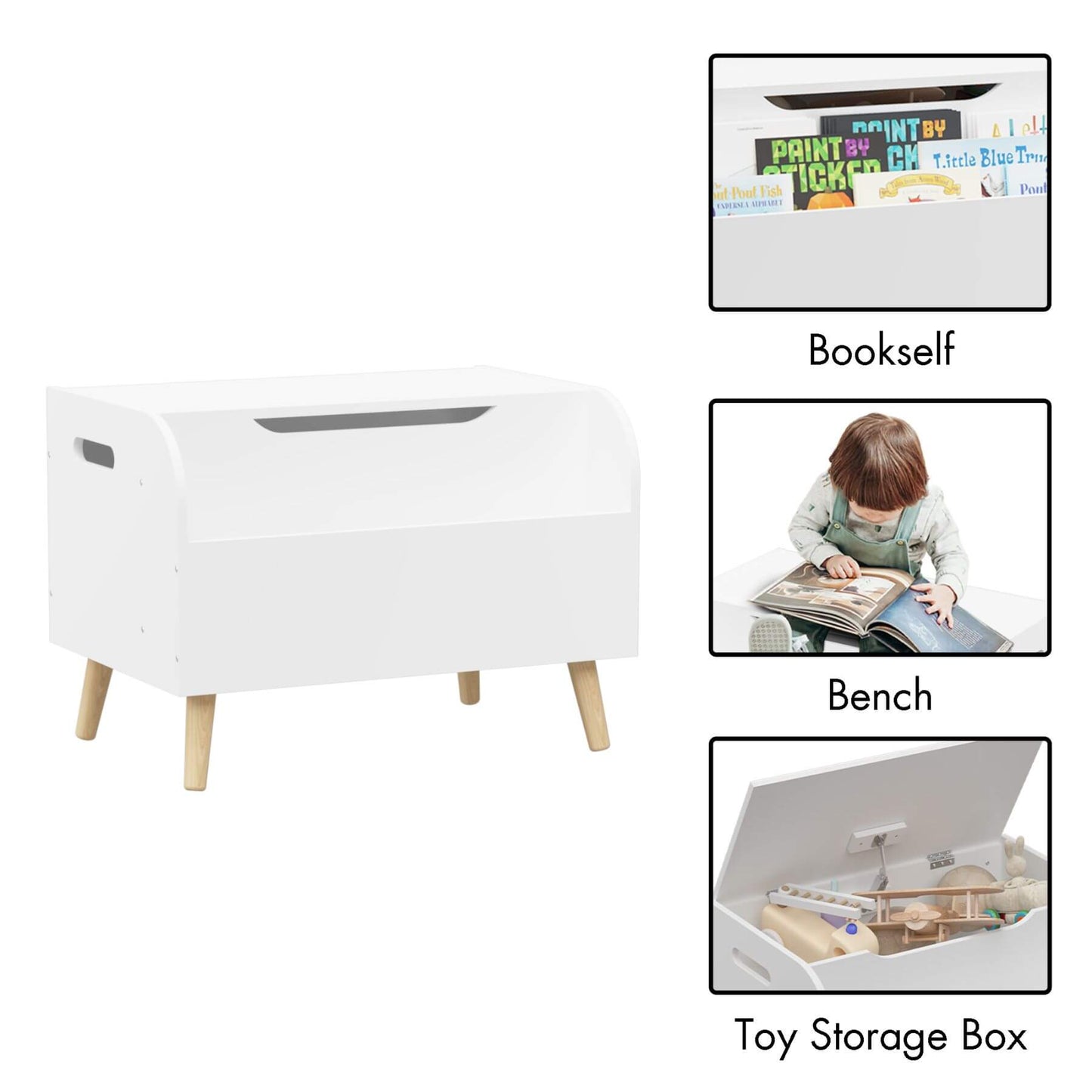MOONRIVER Wooden Toy Box - White, child reading a book, and paint and stickers set on a white background.