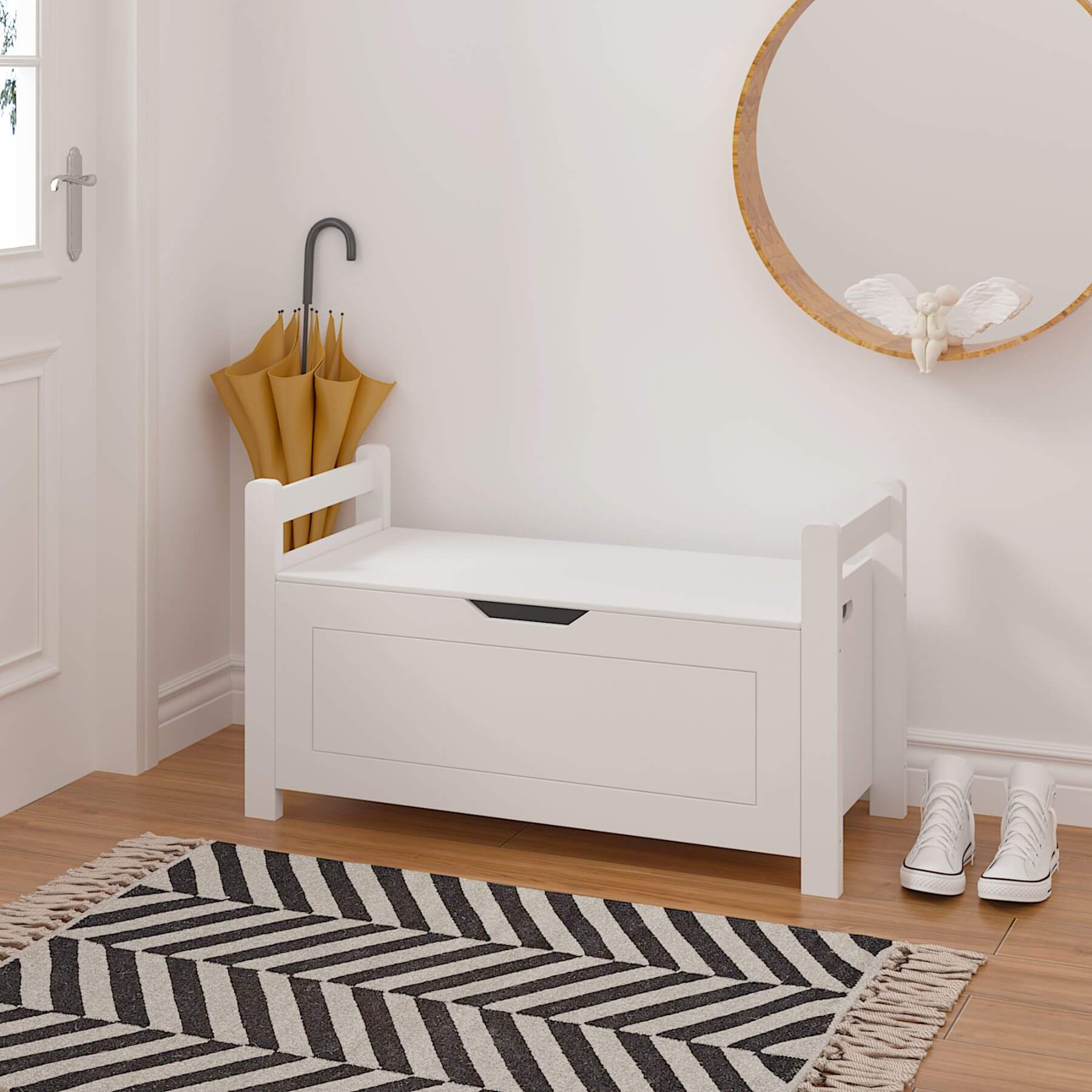 MOONRIVER Kids Toy Box Chest - White with a mirror and shoes in a room.