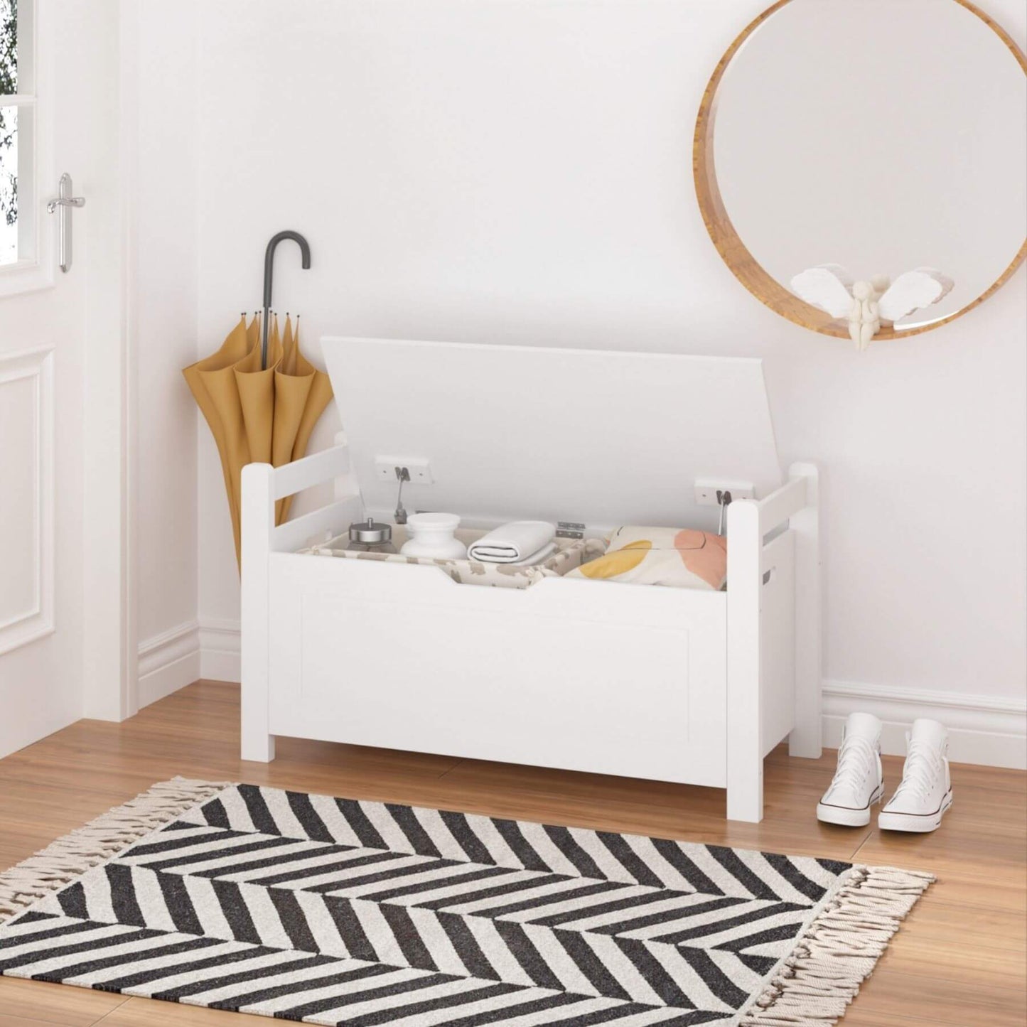 MOONRIVER Kids Toy Box Chest - White with items on a wooden floor in a room with a striped rug.