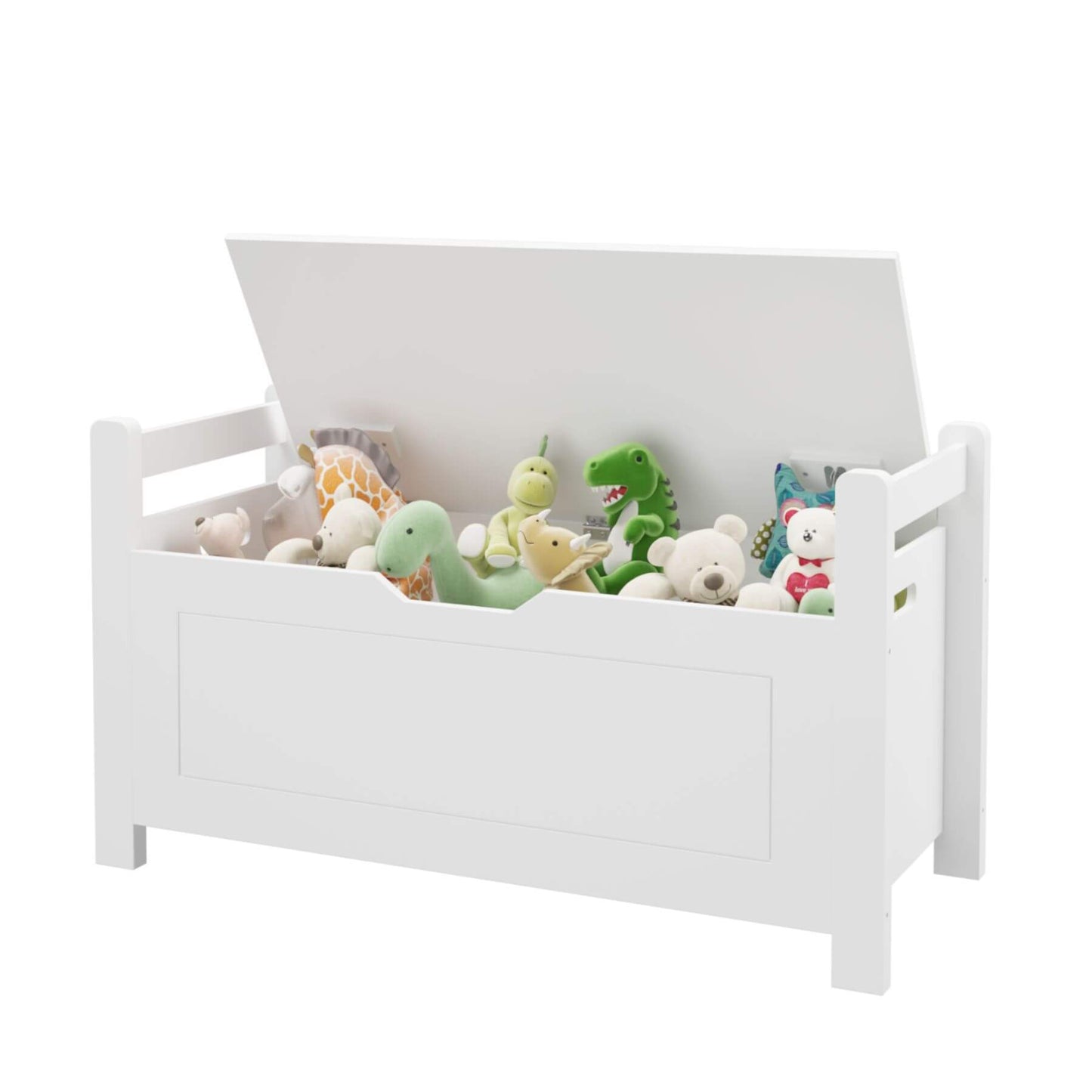 MOONRIVER Kids Toy Box Chest - White with colorful stuffed animals on a white background