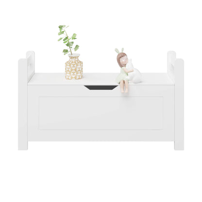 MOONRIVER Kids Toy Box Chest - White with a vase and doll on a white background
