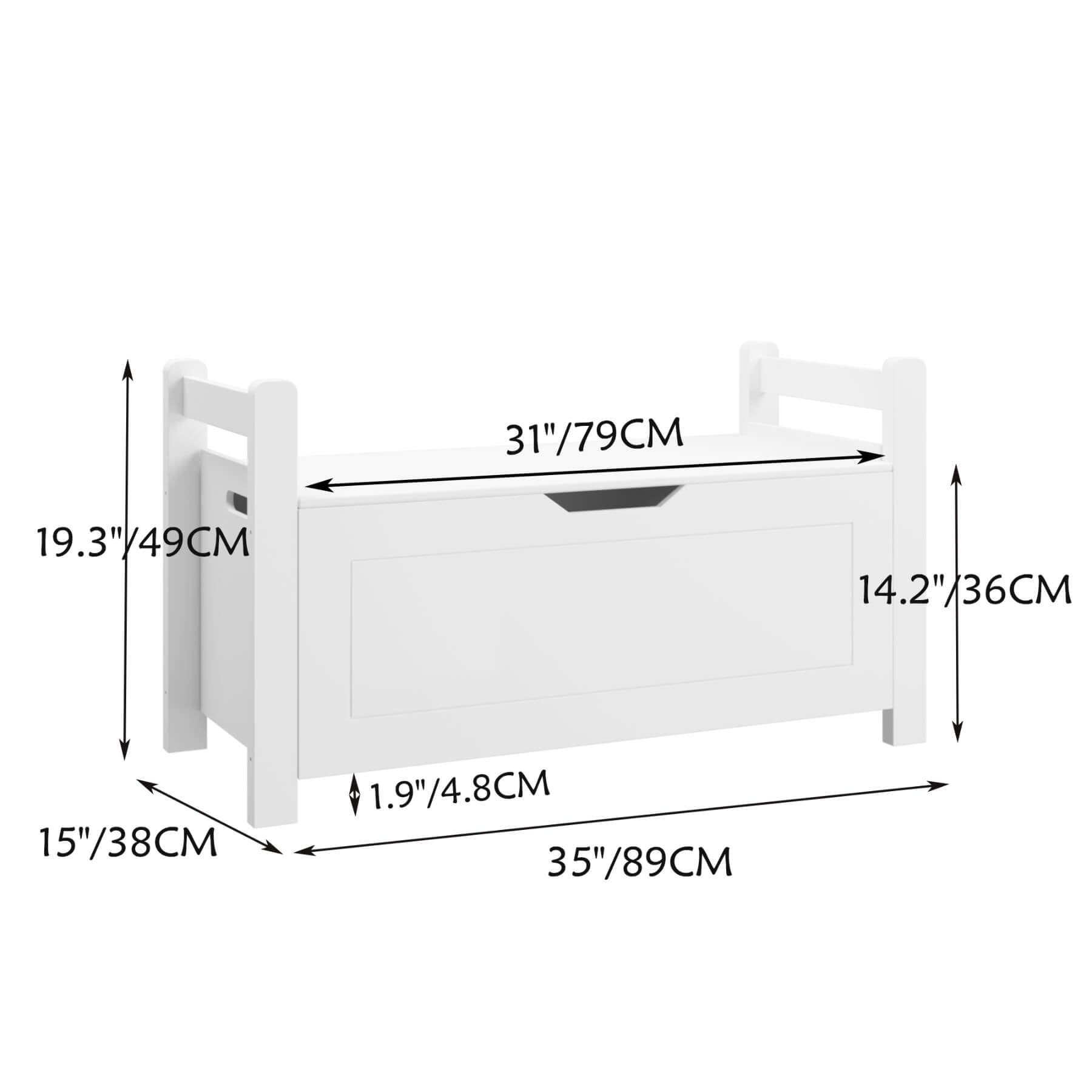 MOONRIVER Kids Toy Box Chest - White with dimensions labeled on a white background